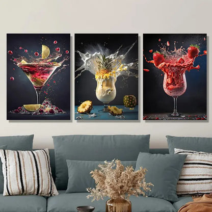 3pcs Abstract Lemon, Pineapple & Strawberry Splash Metal Print Ready to Hang Art - Bella Home Decor