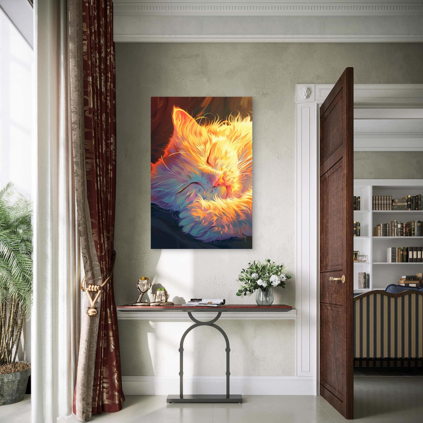 Surreal Painting of Cat Sleeping in Sunlight 60x90cm Metal Print Ready to Hang