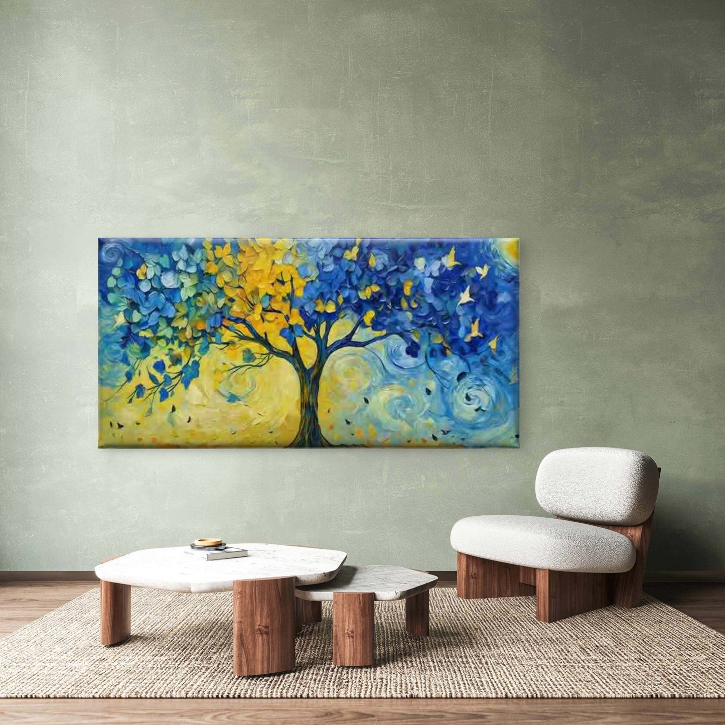Blue & Yellow Abstract Tree Wall Art Canvas Office Home Room Framed 120x60cm