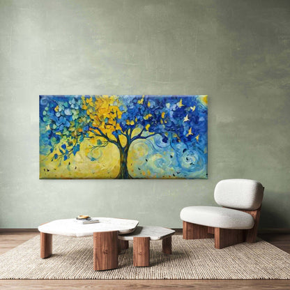 Blue & Yellow Abstract Tree Wall Art Canvas Office Home Room Framed 120x60cm