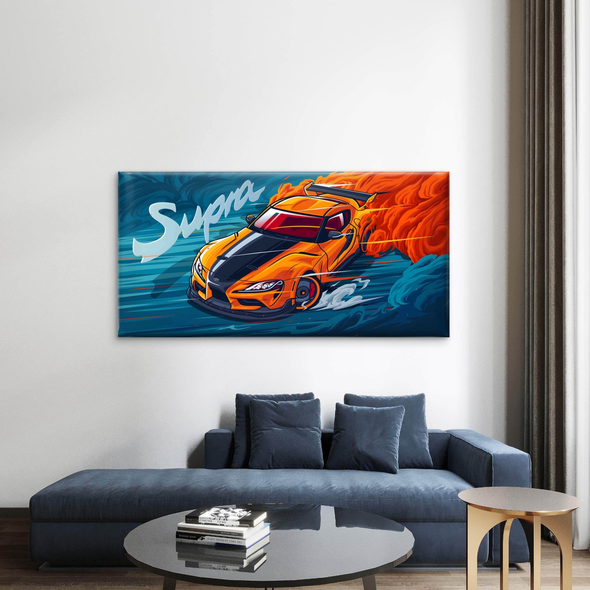 Orange Supercar shown drifting Wall Art Canvas Office Home Room Framed 120x60cm - Bella Home Decor
