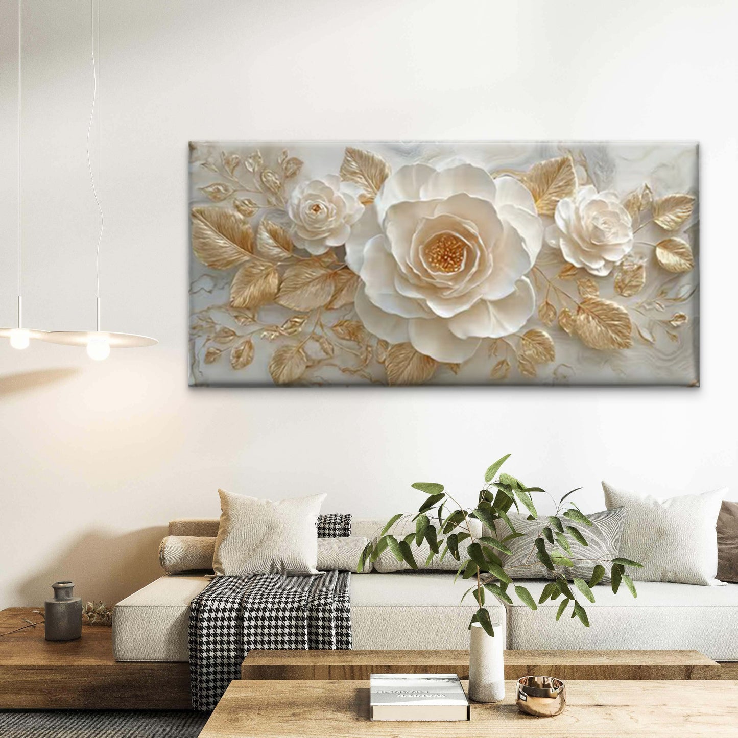 Golden Leaf Botanical  Wall Art Canvas Office Home Room Framed 120x60cm