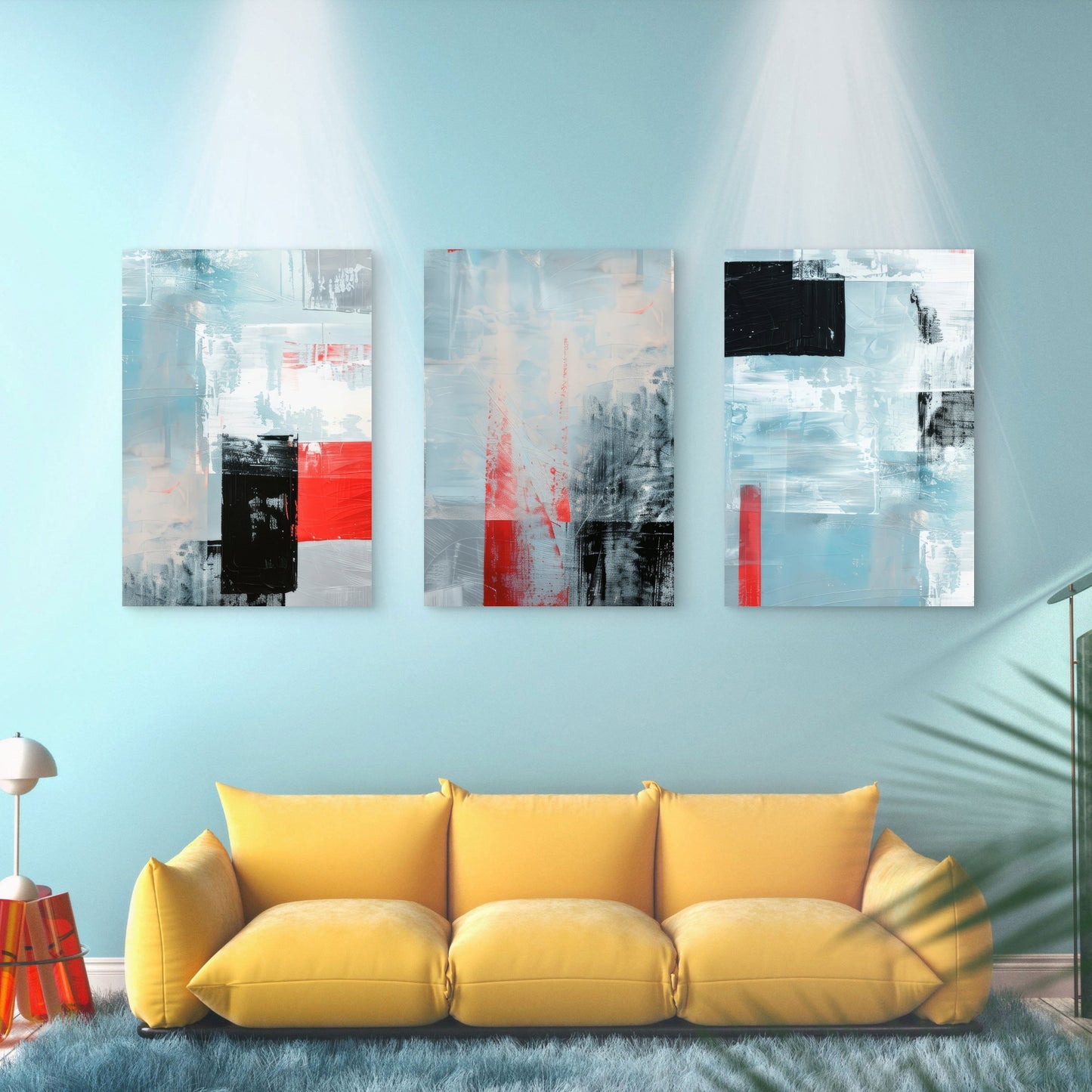 3pcs Modern Abstract Textured Red Black Blue  Wall Art Set Canvas Framed 50x70cm - High Quality Print 100% Australian Made Wall Canvas Ready to Hang