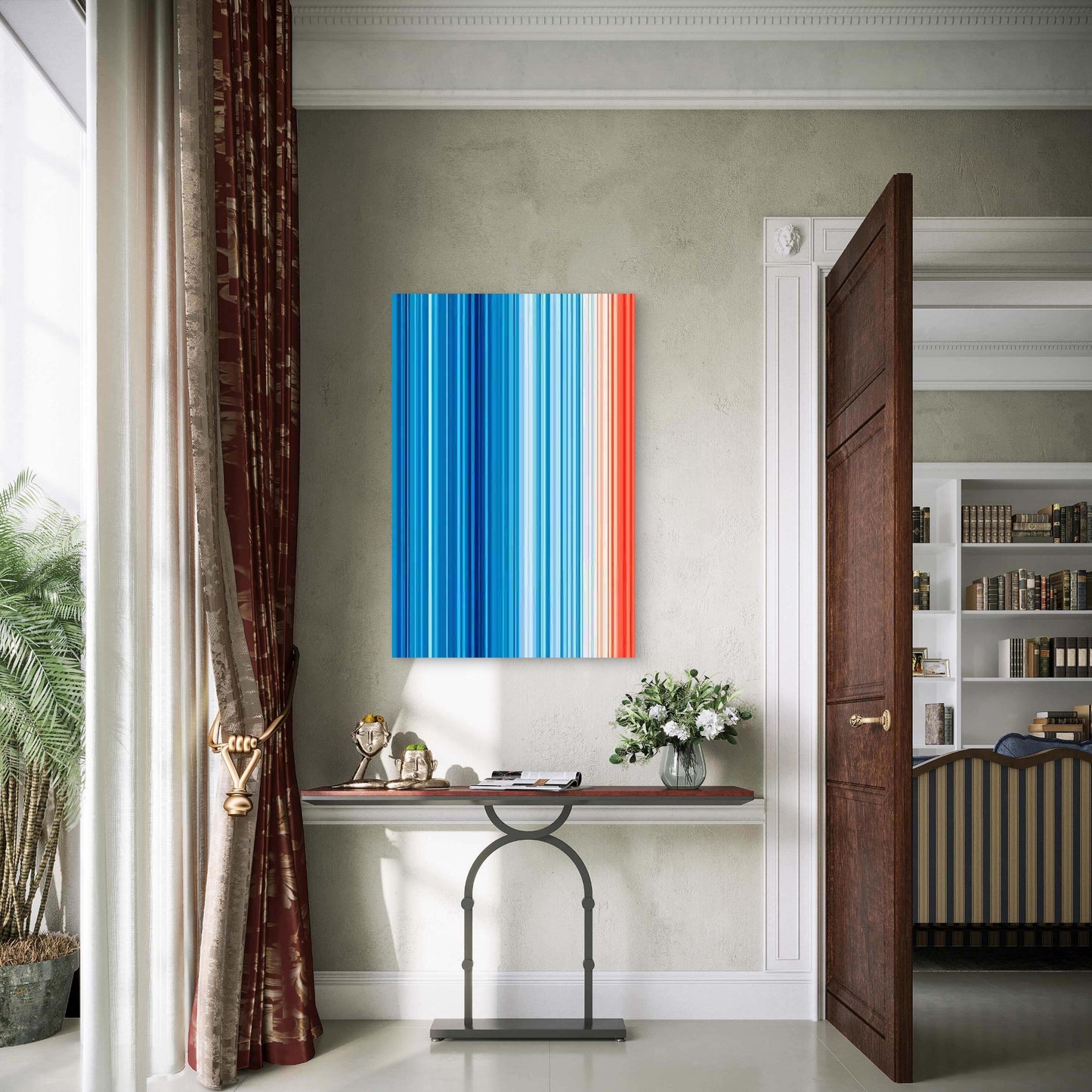 Abstract Vertical Stripes in Blue, White, And Orange Metal Print Ready to Hang - Bella Home Decor