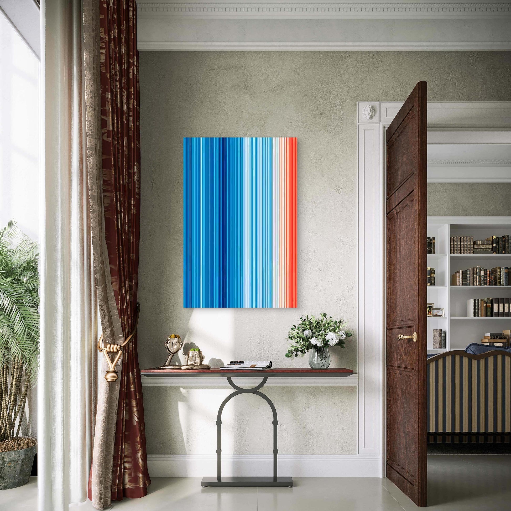 Abstract Vertical Stripes in Blue, White, And Orange Metal Print Ready to Hang - Bella Home Decor