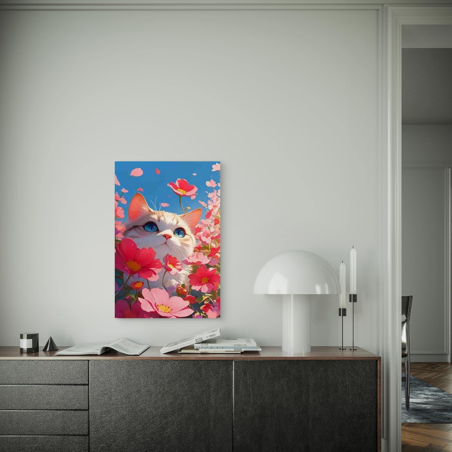 Kitty Among Pink Petals 60x90cm Metal Print Ready to Hang