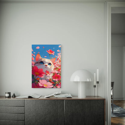 Kitty Among Pink Petals 60x90cm Metal Print Ready to Hang