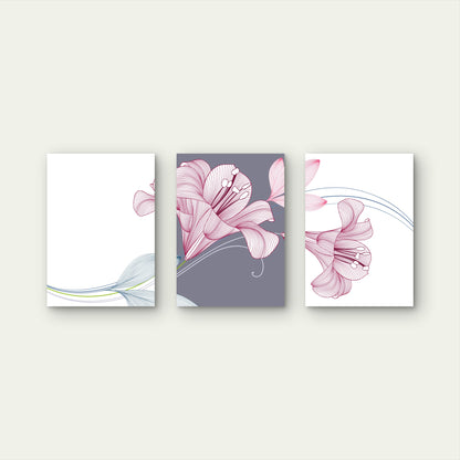 3pcs Pink Lily Amaryllis Floral Line Art  Wall Art Set Canvas Framed 60x90cm - High Quality Print 100% Australian Made Wall Canvas Ready to Hang