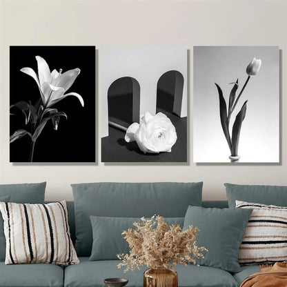 3pcs Black and White Botanical Bouquet Classic Design Metal Print Ready to Hang Art