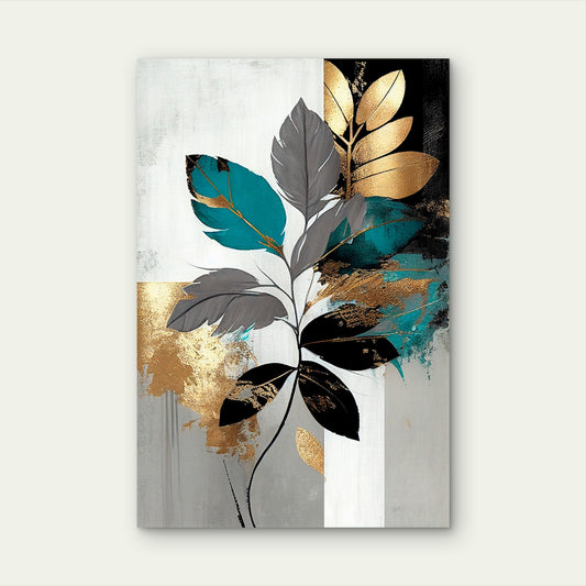 Teal Gold Black Grey Botanical Plant 40x60cm Metal Print Ready to Hang