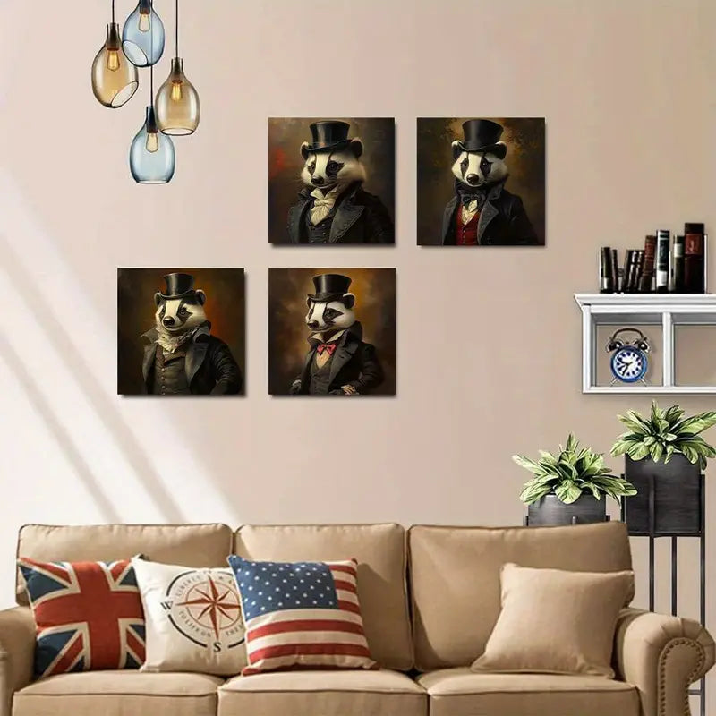 4pcs Hedgehog in Top Hat & Tuxedo    Wall Art Canvas Framed