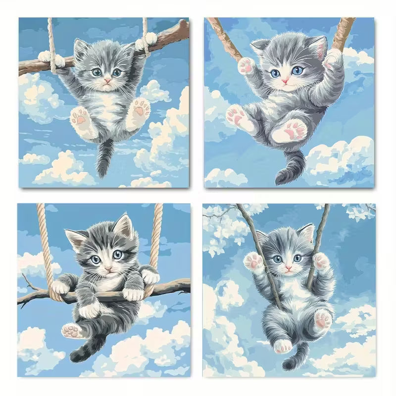 4pcs Modern Swing Design With Blue Sky & Clouds Wall Art Canvas Framed