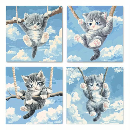 4pcs Modern Swing Design With Blue Sky & Clouds Wall Art Canvas Framed