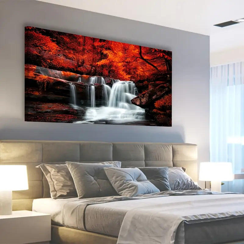 Waterfall Autumn Forest Red Forest Wall Art canvas office home room framed 120x60cm - Bella Home Decor