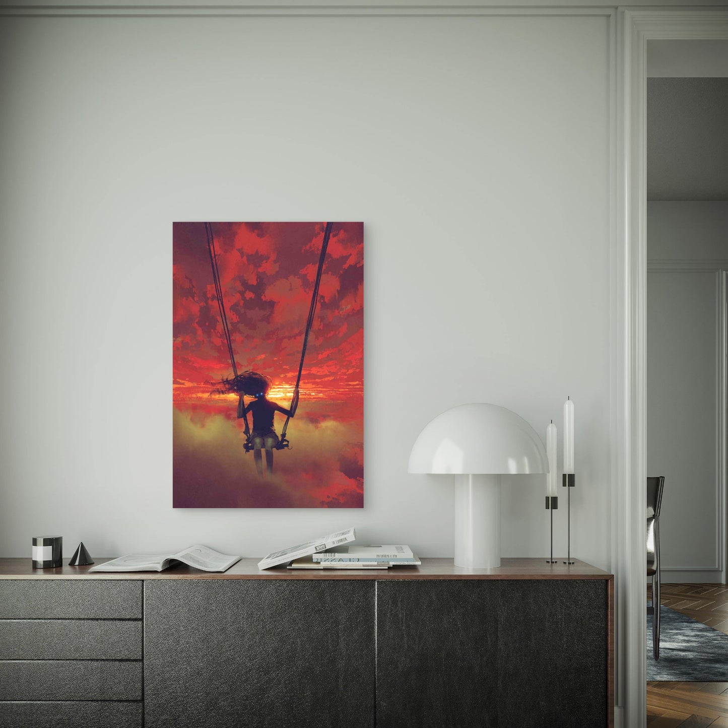 Mysterious Woman Sitting on the Swing in the Sky 60x90cm Metal Print Ready to Hang