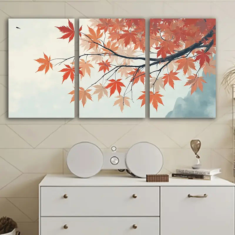 3pcs Red Leaf Nature Modern Poster Wall Art Set Canvas Framed 60x90cm - High Quality Print 100% Australian Made Wall Canvas Ready to Hang