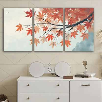 3pcs Red Leaf Nature Modern Poster Wall Art Set Canvas Framed 60x90cm - High Quality Print 100% Australian Made Wall Canvas Ready to Hang