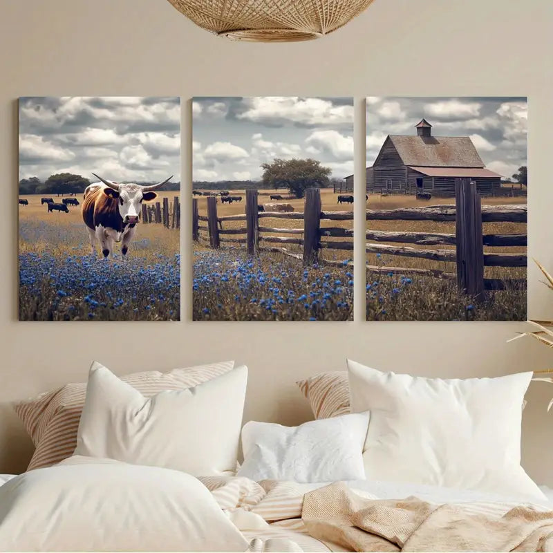 3pcs Barn And Fence, Brown Cattle Metal Print Ready to Hang Art - Bella Home Decor