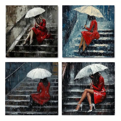 4pcs Red Umbrella Woman Themed  RA  Wall Art Canvas Framed