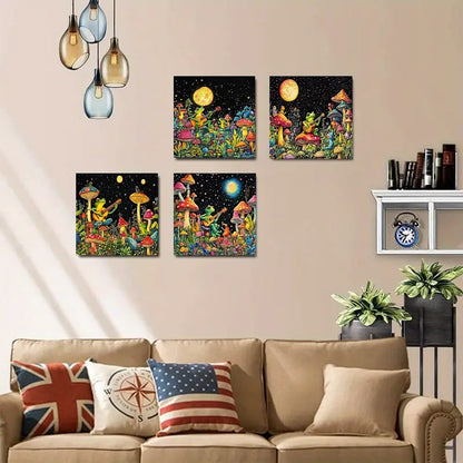 4pcs Whimsical Frog & Mushroom Moonlit Forest Wall Art Canvas Framed - Bella Home Decor
