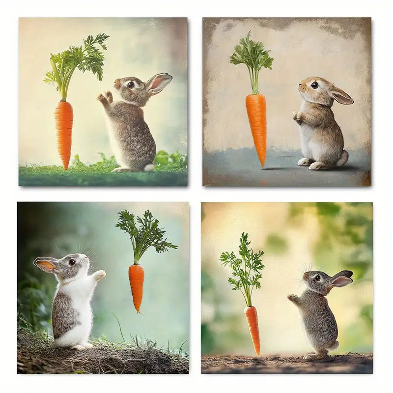 4pcs Abstract Rabbit & Carrot Canvas  Wall Art Canvas Framed