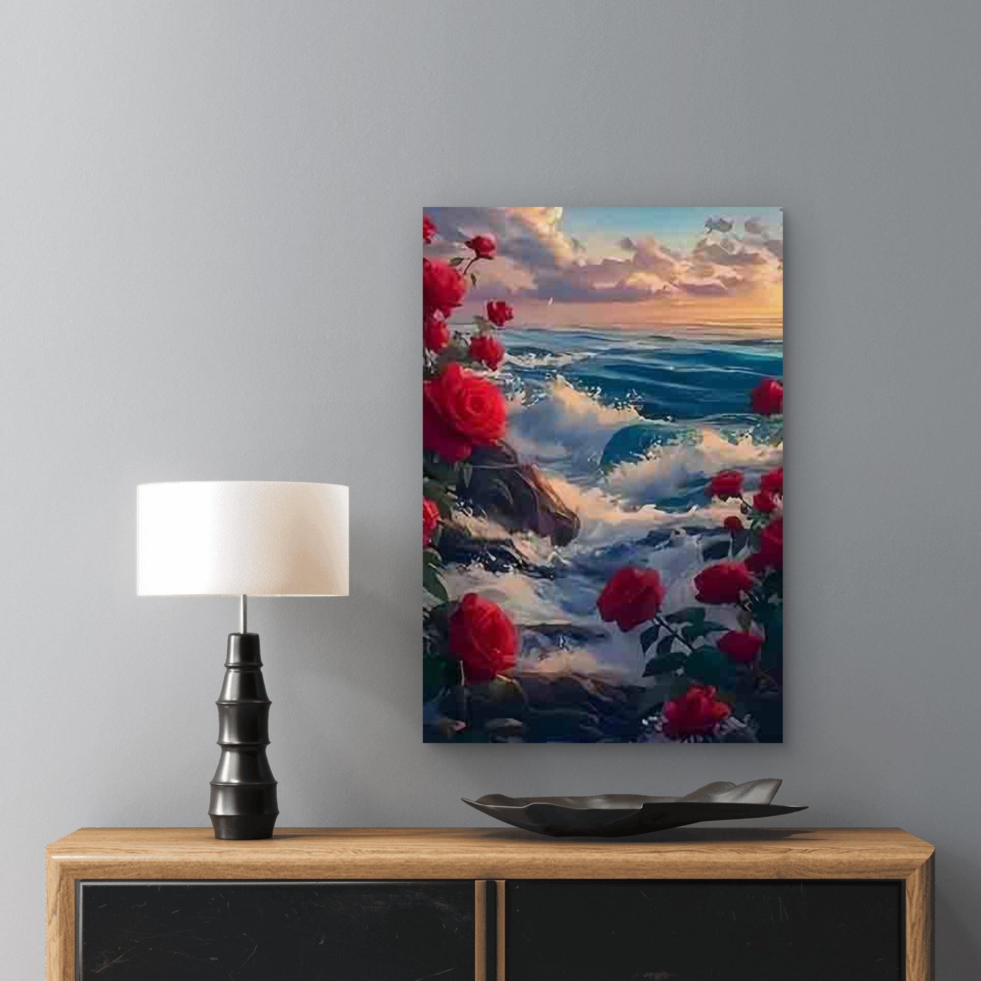 Ocean Waves And Vibrant Red Roses 40x60cm Metal Print Ready to Hang - Bella Home Decor