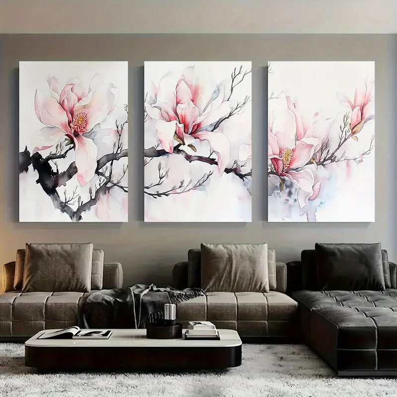 3pcs Pink & White Watercolor Magnolias Metal Print Ready to Hang Art