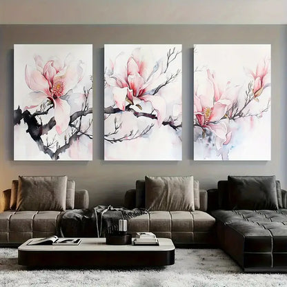 3pcs Pink & White Watercolor Magnolias Metal Print Ready to Hang Art