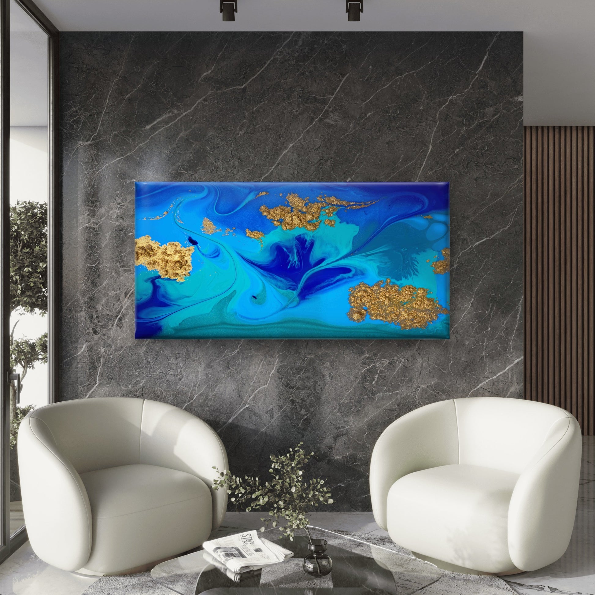 Marbled Blue Gold Abstract Wall Art Canvas Office Home Room Framed 120x60cm - Bella Home Decor