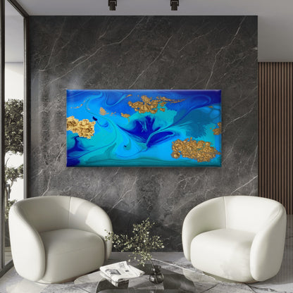 Marbled Blue Gold Abstract Wall Art Canvas Office Home Room Framed 120x60cm - Bella Home Decor