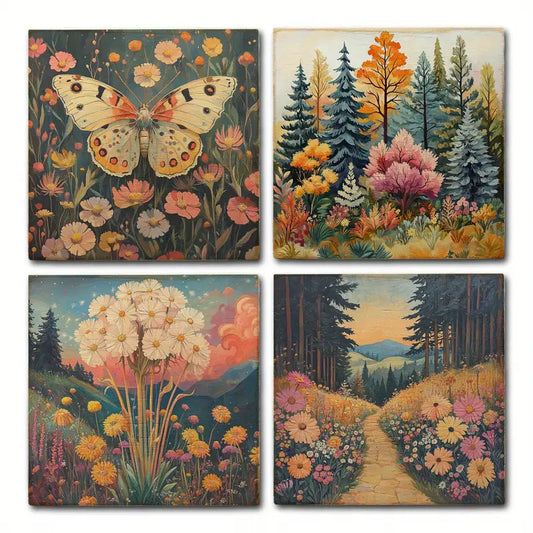 4pcs Butterfly With Flower Garden Wall Art Canvas Framed
