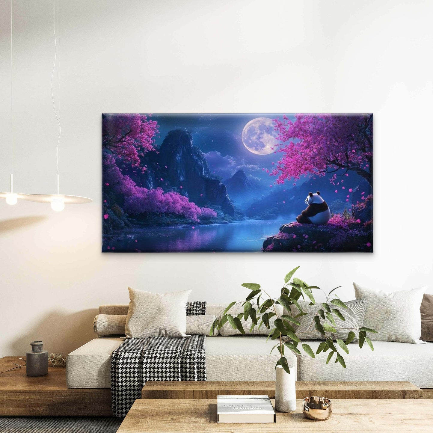 Moon Night Panda & Cherry Wall Art Canvas Office Home Room Framed 120x60cm - Bella Home Decor