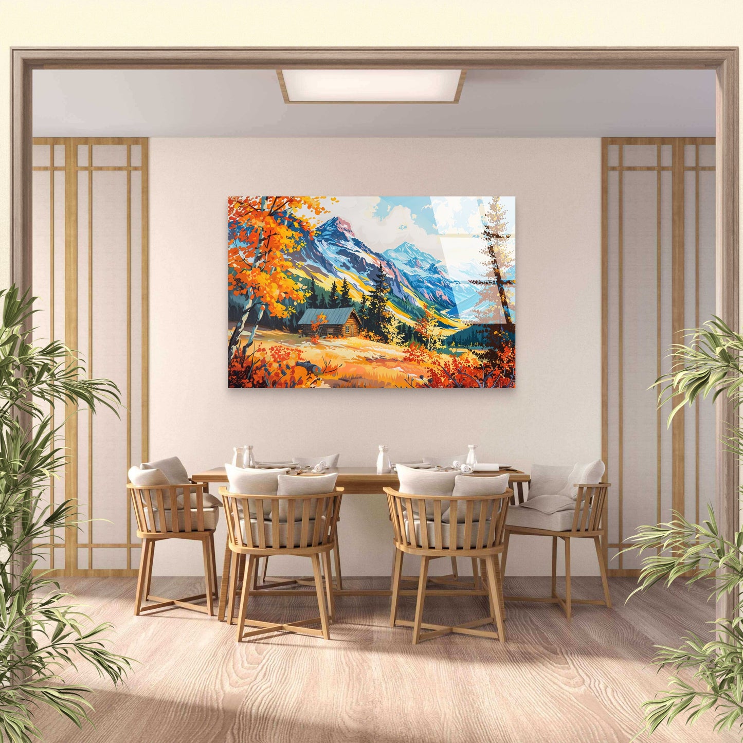 Orange Autumn Cabin Mountain Glass Printing Wall Art Australian Made Quality