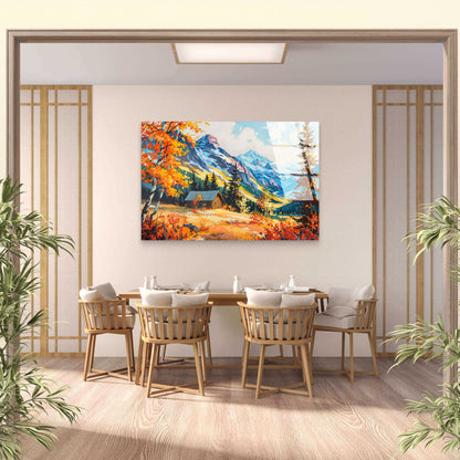 Orange Autumn Cabin Mountain Glass Printing Wall Art Australian Made Quality