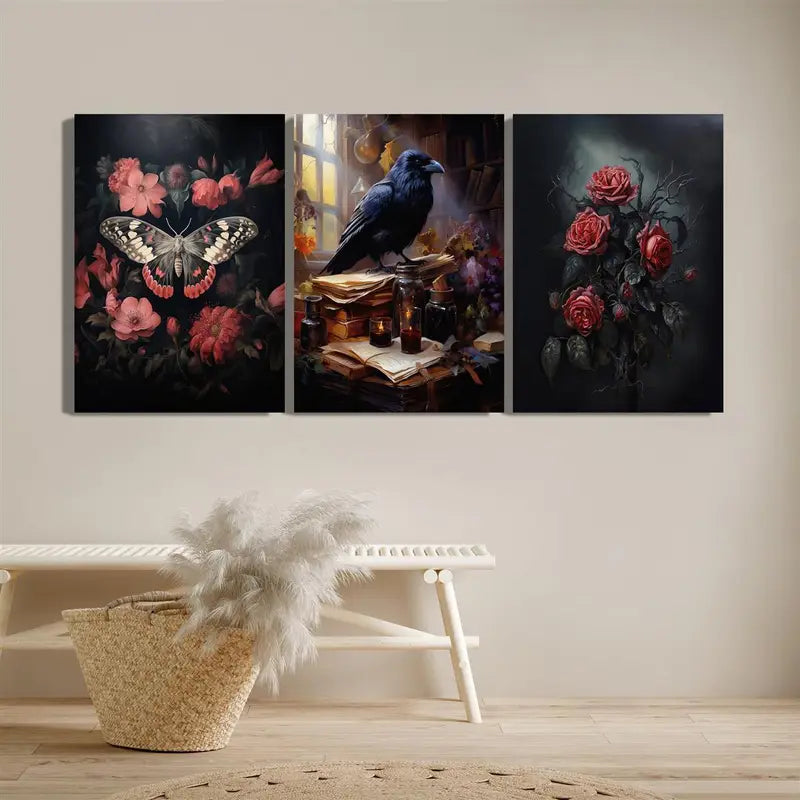 3pcs Butterflies, Crows, Floral Plants Metal Print Ready to Hang Art - Bella Home Decor