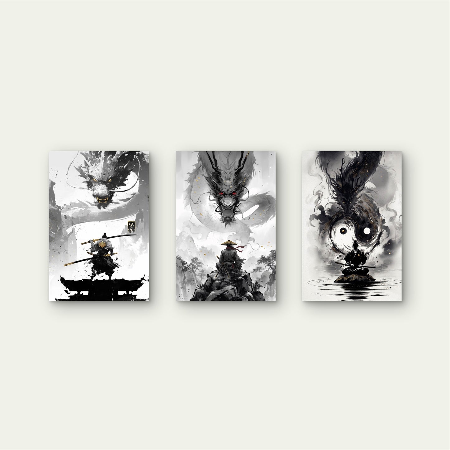 3pcs Samurai Warrior Black Ink Dragon Yin Yang  Wall Art Set Canvas Framed 50x70cm - High Quality Print 100% Australian Made Wall Canvas Ready to Hang