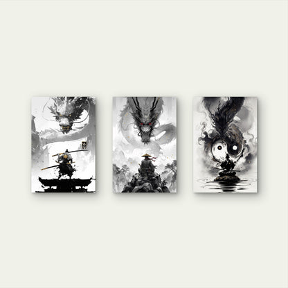 3pcs Samurai Warrior Black Ink Dragon Yin Yang  Wall Art Set Canvas Framed 50x70cm - High Quality Print 100% Australian Made Wall Canvas Ready to Hang