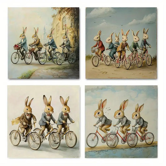 4pcs Elegant Bicycle Bunny Wall Art Canvas Framed