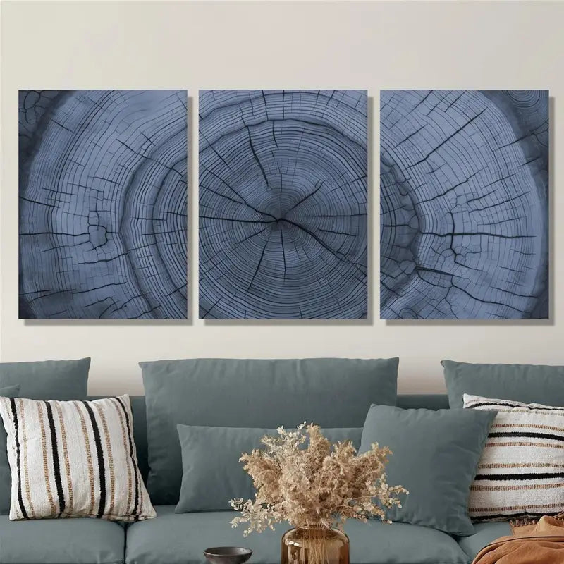 3pcs Abstract Blue Tree Rings Metal Print Ready to Hang Art - Bella Home Decor