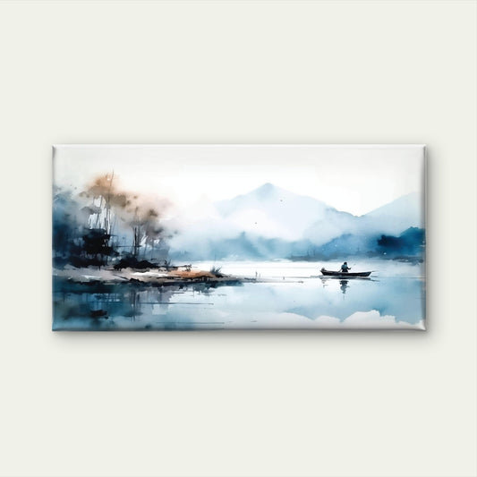 Blue Watercolor Lake Fishing Wall Art Canvas Office Home Room Framed 120x60cm