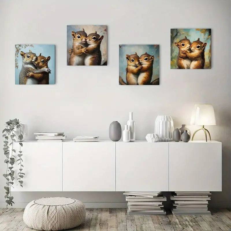 4pcs Woodland Hug Squirrel Friends Wall Art Canvas Framed