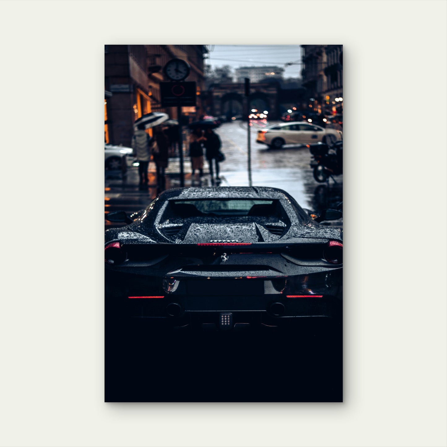 Black Ferrari 488 GTB Rainy Street 40x60cm Metal Print Ready to Hang