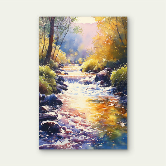 Watercolor River Forest Stream Sunset 40x60cm Metal Print Ready to Hang
