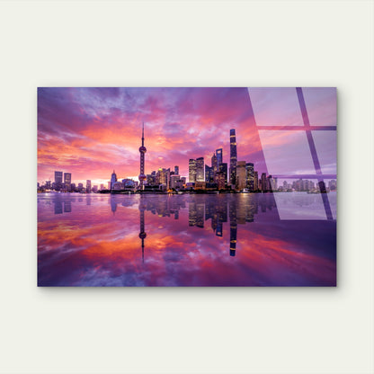 Shanghai Skyline Pudong Pink Sunset  Acrylic Glass Printing Wall Art Australian Made Quality