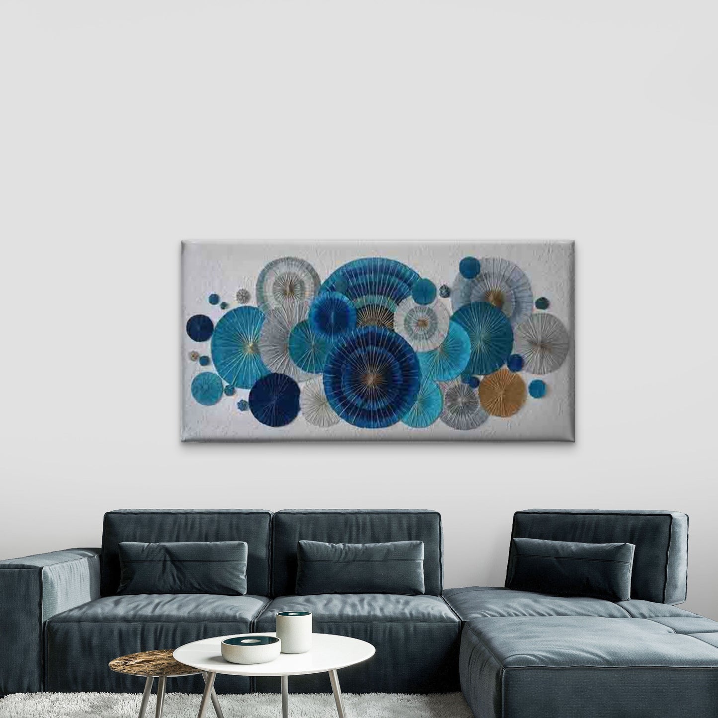 Blue and White Chinese Fan Wall Art Canvas Office Home Room Framed 120x60cm - Bella Home Decor