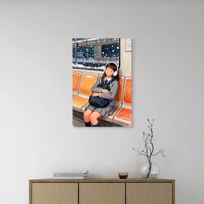 Female Student Asleep on a Snowy Train 40x60cm Metal Print Ready to Hang