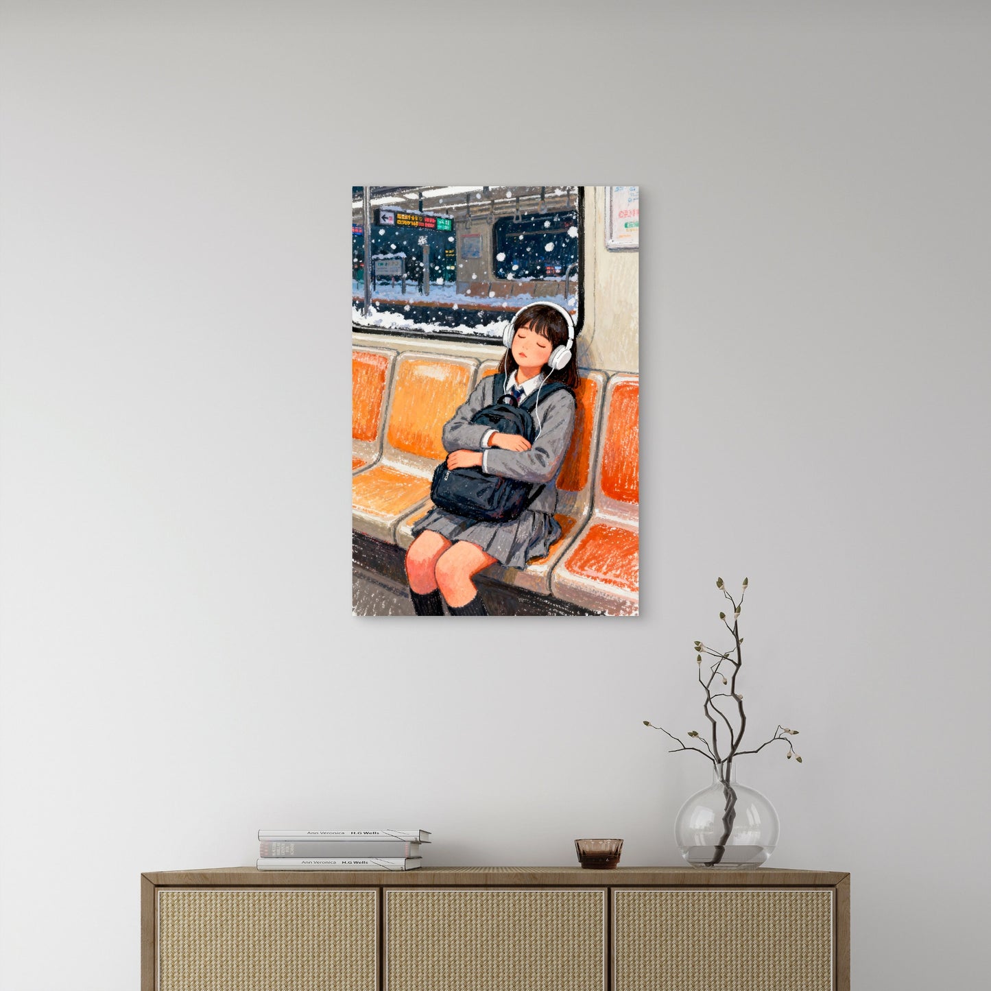 Female Student Asleep on a Snowy Train 60x90cm Metal Print Ready to Hang