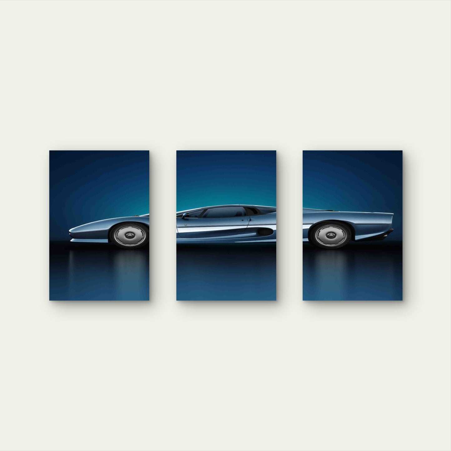 3pcs Sleek Metallic Silver Classic Supercar Metal Print Ready to Hang Art