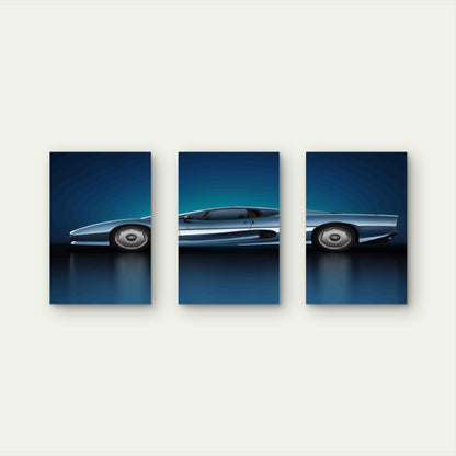 3pcs Sleek Metallic Silver Classic Supercar Metal Print Ready to Hang Art