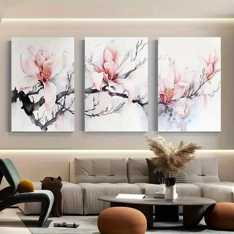 3pcs Pink & White Watercolor Magnolias Metal Print Ready to Hang Art